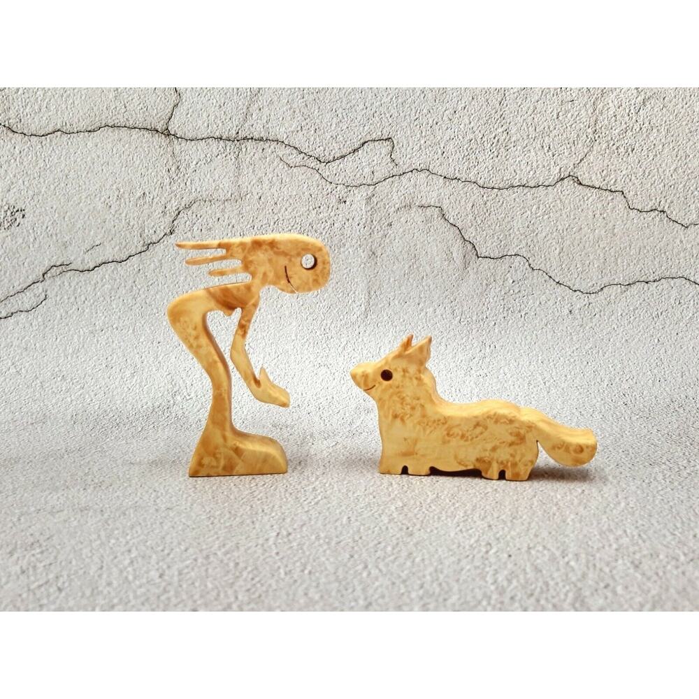 Handmade Carved Wooden Corgi & Friend Figurine Unique Gift Home Decor